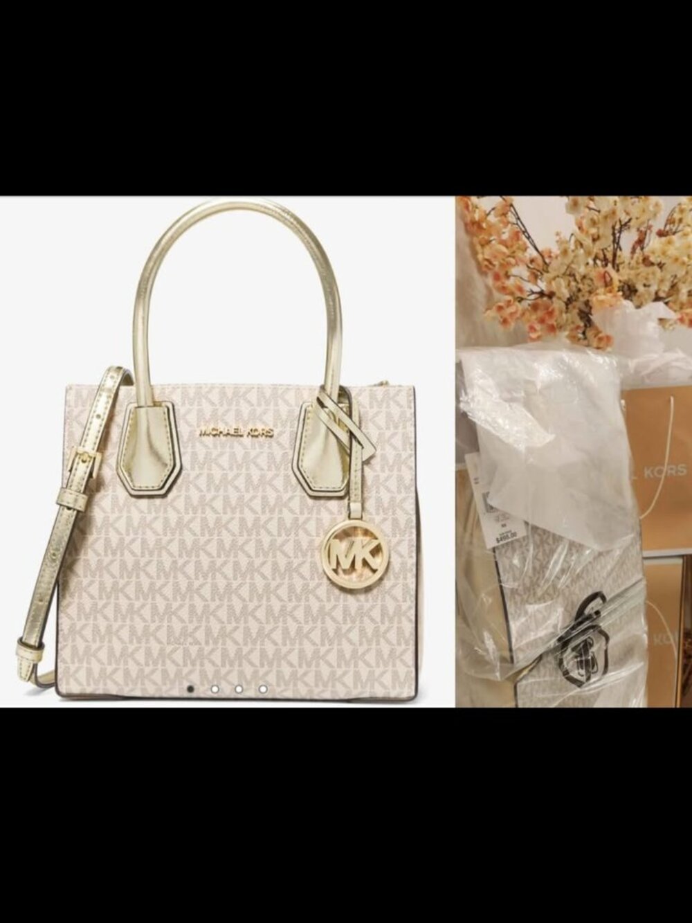 BRAND NEW Michael Kors Handbag in Gold and White Monogram- New In Bag With Tag-